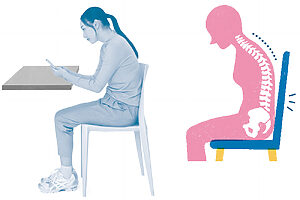 背骨がC字ラインを描く、背骨まわりの筋肉を使わない座り方。肩と首が前に出てしまい、首や肩、背骨に余計な負荷がかかる