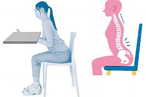 腰痛を招きやすい反り腰の座り方。原因は、椅子に浅く腰掛けている、椅子やデスクの高さが合っていない、床に足をつけていないなど
