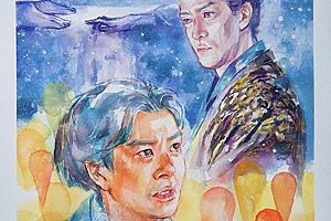 『豊臣兄弟！』6話イメージイラスト／かつての弟の裏切りを思う信長（小栗旬）と対峙する、覚悟を決めた小一郎（仲野太賀）／南天