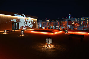 スカイテラスからの圧巻の眺め。ラウンジのフードやドリンクも持ち込みOKなので、夜風に吹かれながらとっておきの時間を