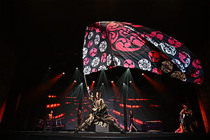 音楽だけでなく、背景の迫力あるビジュアル、旗や刀を用いたダイナミックな演出もまた彼らの魅力