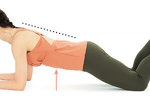 骨盤底筋と腹横筋を締めるイメージで、体を持ち上げる。頭からお尻までのラインがまっすぐになる状態で10秒キープ。3回