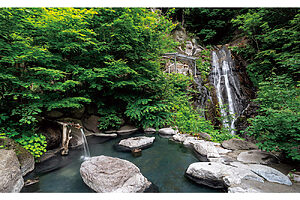 4つある露天風呂のひとつ「滝見の湯」では、岩肌を流れる滝を正面に見られる。泉質はやわらかで刺激の少ない高温泉。無濾過のため、湯船には湧きたての湯の華が浮かぶ。露天風呂のような明るさと開放感がある内湯もある