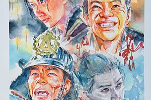 『豊臣兄弟！』14話イメージイラスト／小一郎（仲野太賀）、藤吉郎（池松壮亮）、半兵衛（菅田将暉）、信長（小栗旬）。四者がその顔で物語った絶体絶命の窮地／南天