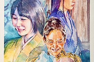 『豊臣兄弟！』12話イメージイラスト／お市（宮﨑あおい）の子を笑顔で抱く藤吉郎（池松壮亮）のかたわらで悲痛な涙を流す寧々（浜辺美波）／南天