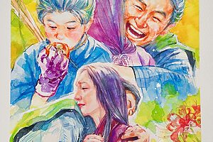 『豊臣兄弟！』19話イメージイラスト／ついに心を寄せ合う小一郎（仲野太賀）と慶（吉岡里帆）の夫妻と、柿を頬張るあどけない与一郎（高木波瑠）／南天