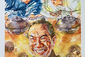 『豊臣兄弟！』20話イメージイラスト／本物の茶器はどちらかと迷う小一郎（仲野太賀）＆藤吉郎（池松壮亮）を前に、虚実を吹き飛ばす豪快な最期を見せた松永久秀（竹中直人）／南天