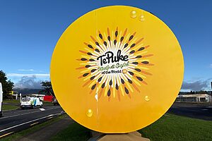 「キウイフルーツ・ブリーディング・センター」は、タウランガ近郊Te Puke（テプケ）という地域にある。キウイで栄えたこの町の入り口には、大きなキウイのモニュメントが