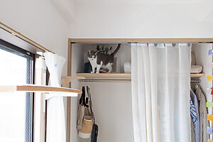 高くて狭く囲まれたクローゼットの枕棚は猫にとって、理想の安らぎ場所。「枕棚へ続くステップを置いて、適度に隠れることができるように扉を薄手のカーテンに替えました」