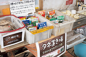 小松菜やほうれん草などの種が並ぶコーナー。併せて使う専用ケースや紐の準備も