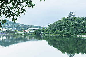 木曽川の河原から眺めてみると、犬山城が川のほとりの小高い山に立っているのがわかる