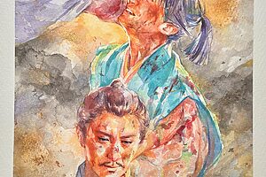 『豊臣兄弟！』27話イメージイラスト／燃え盛る本能寺の中で錯乱した織田信長（小栗旬）に最後まで寄り添う森乱（市川團子）／南天
