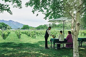 標高820mの地に2005年初めてメルローの苗を植えたという小牧さんと、ブドウ畑でワインを試飲する贅沢