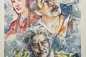 『豊臣兄弟！』32話イメージイラスト／戦を止める雪が振り続けることを願うまつ（菅井友香）。利家（大東駿介）と勝家（山口馬木也）の“親子”の別れ／南天