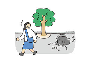 道路が少しでも、【陥没】していると気づいたら、その場をすぐさま離れること