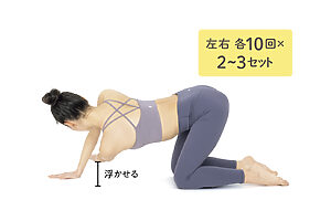 両手は肩の真下に、両膝は腰の真下につく。息を吐きながら左肘を右の脇の下に入れ、体を右側へ回す。手は床につけず浮かせた状態をキープする