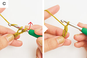 かぎ針の背で糸を押すようにしながら針先に糸をかけ、針にある2つの輪から一度に引き出す。細編み1目めのできあがり