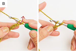 糸の向こう側からかぎ針に糸をかける。針先にかけた糸を作り目からのみ引き出す