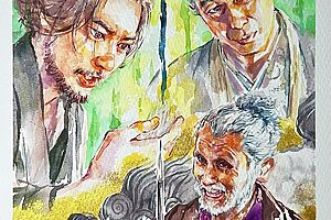 『豊臣兄弟！』38話イメージイラスト／大和攻略の鍵を握った三者。筆職人・才蔵（間宮祥太朗）＆トップアーティスト・狩野永徳（片岡鶴太郎）＆緩い助言を与える千宗易（吉岡秀隆）／南天
