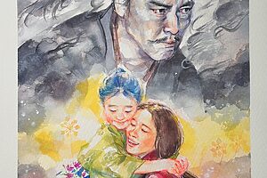 『豊臣兄弟！』16話イメージイラスト／とも（宮澤エマ）が息子・万丸（小時田咲空）に向ける愛の輝きと、鬼の道を歩む明智十兵衛光秀（要潤）を包む暗雲／南天