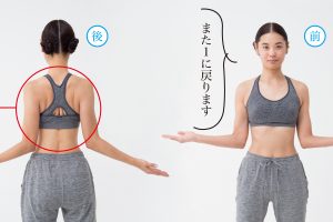 （2）肘の位置を保ったまま、肘から先を真横に開く。肩甲骨を寄せる感覚で。肩はすくめないこと。1に戻って20回繰り返し。