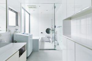 収納棚の奥にドアのないトイレもあるが、すべてが一体化して清々しい。